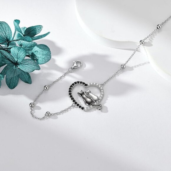 Sterling Silver Cute Cat Heart Bracelet for Women Gift - Picture 3 of 6